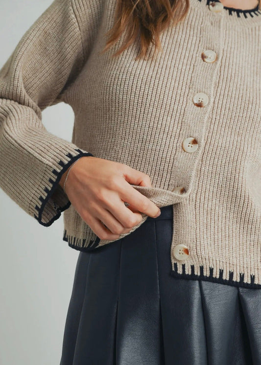 Crewneck Cardigan-Taupe/Black