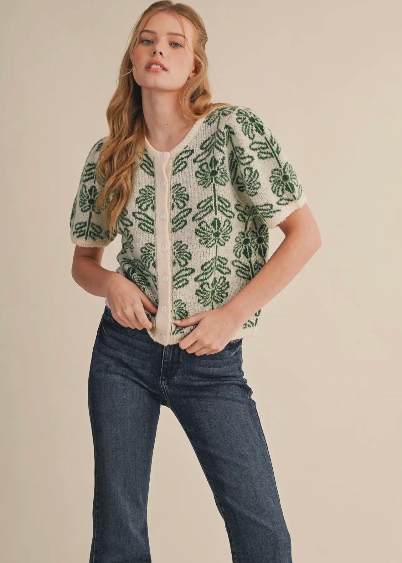 Floral Short Sleeve Cardigan - Kelly Green
