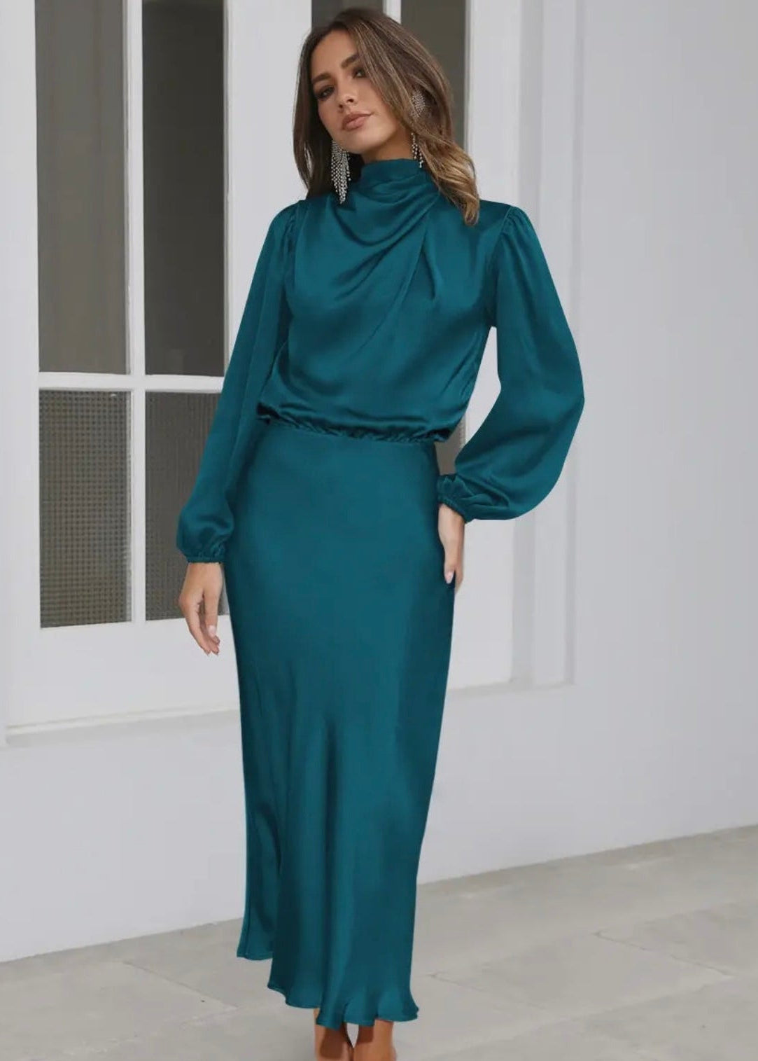 Satin Long Sleeve Dress - Lake Blue