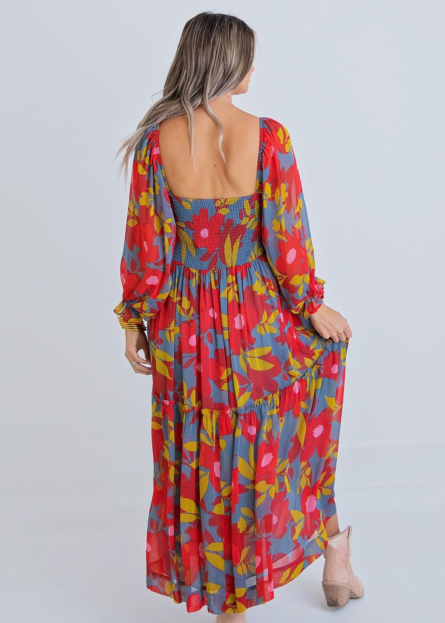 Floral Chiffon Smock Tier Maxi-Blue