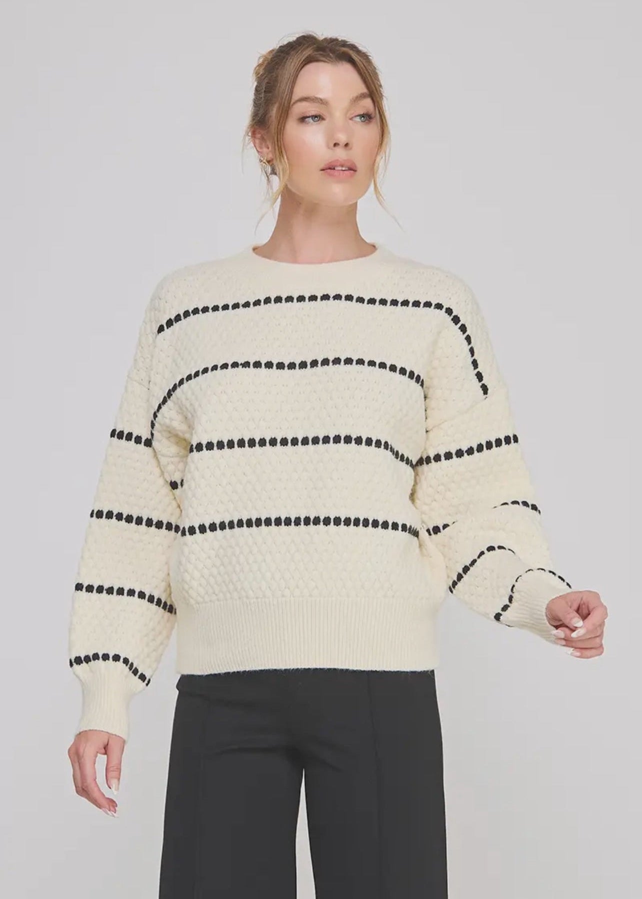 Pebble Textured Sweater w/ Accent Stripe - Cream