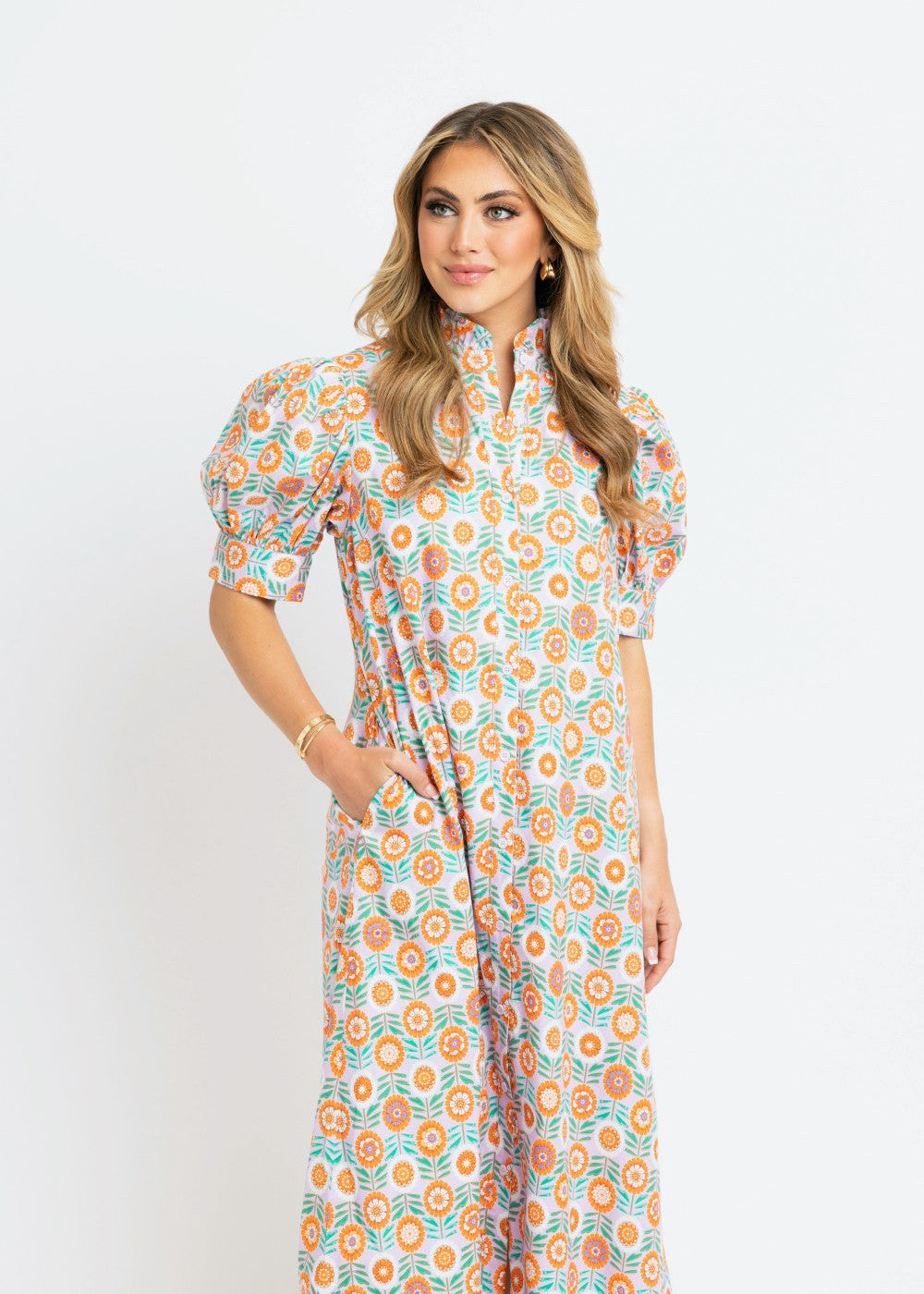 Floral Ruffle Neck Button Shirt Maxi Dress|149