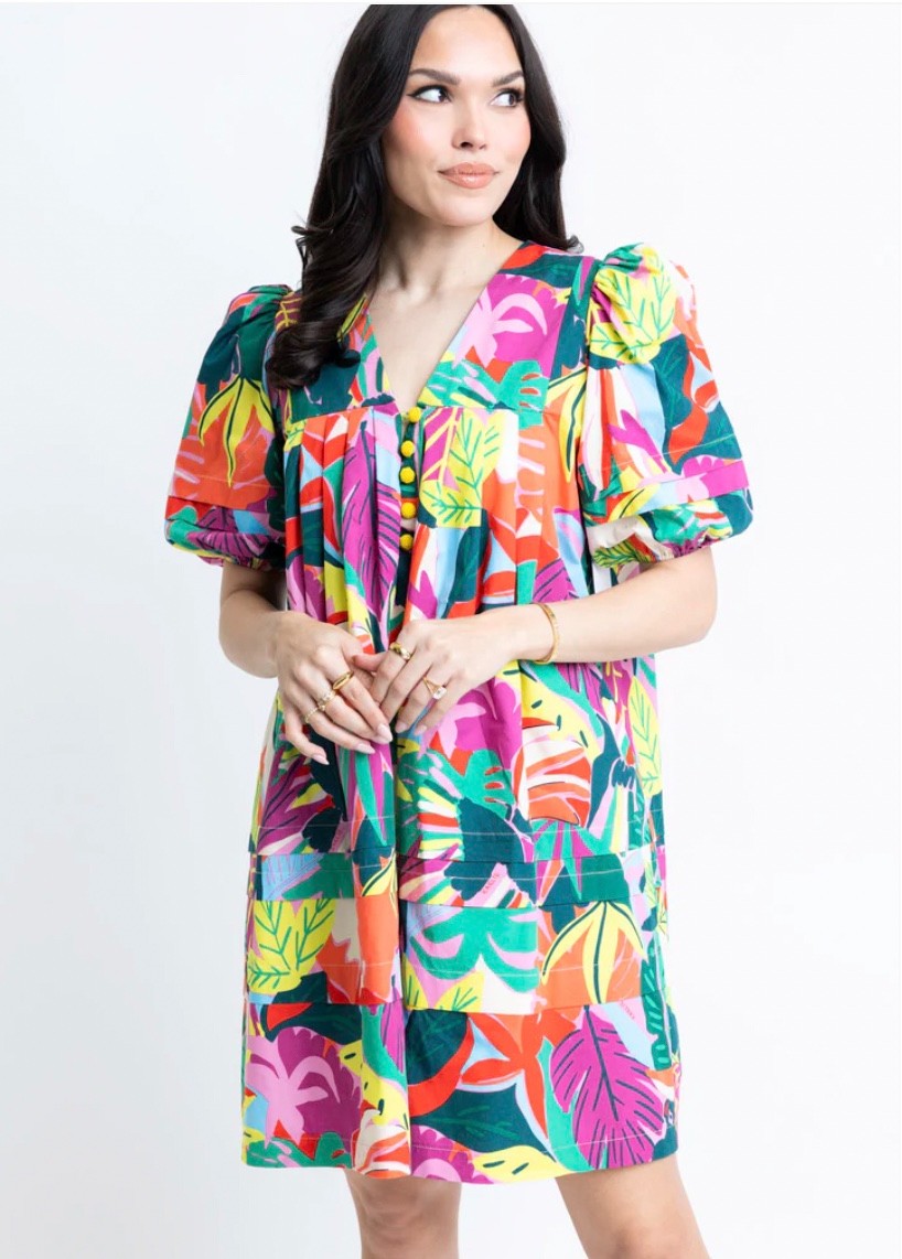 Birds of Paradise Vneck Puff Sleeve Dress|52