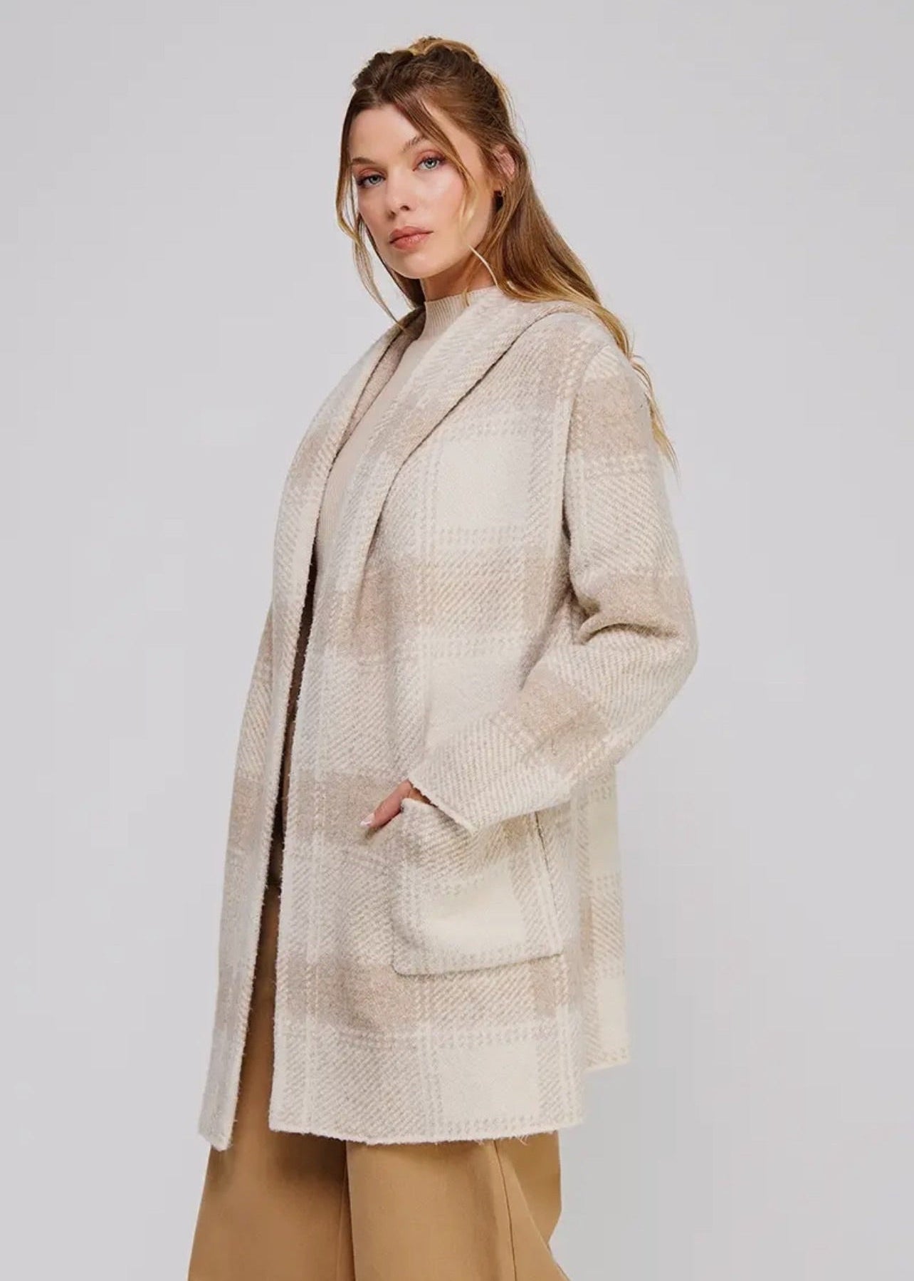 Plaid Hoodie Cardigan w/pockets- Sand