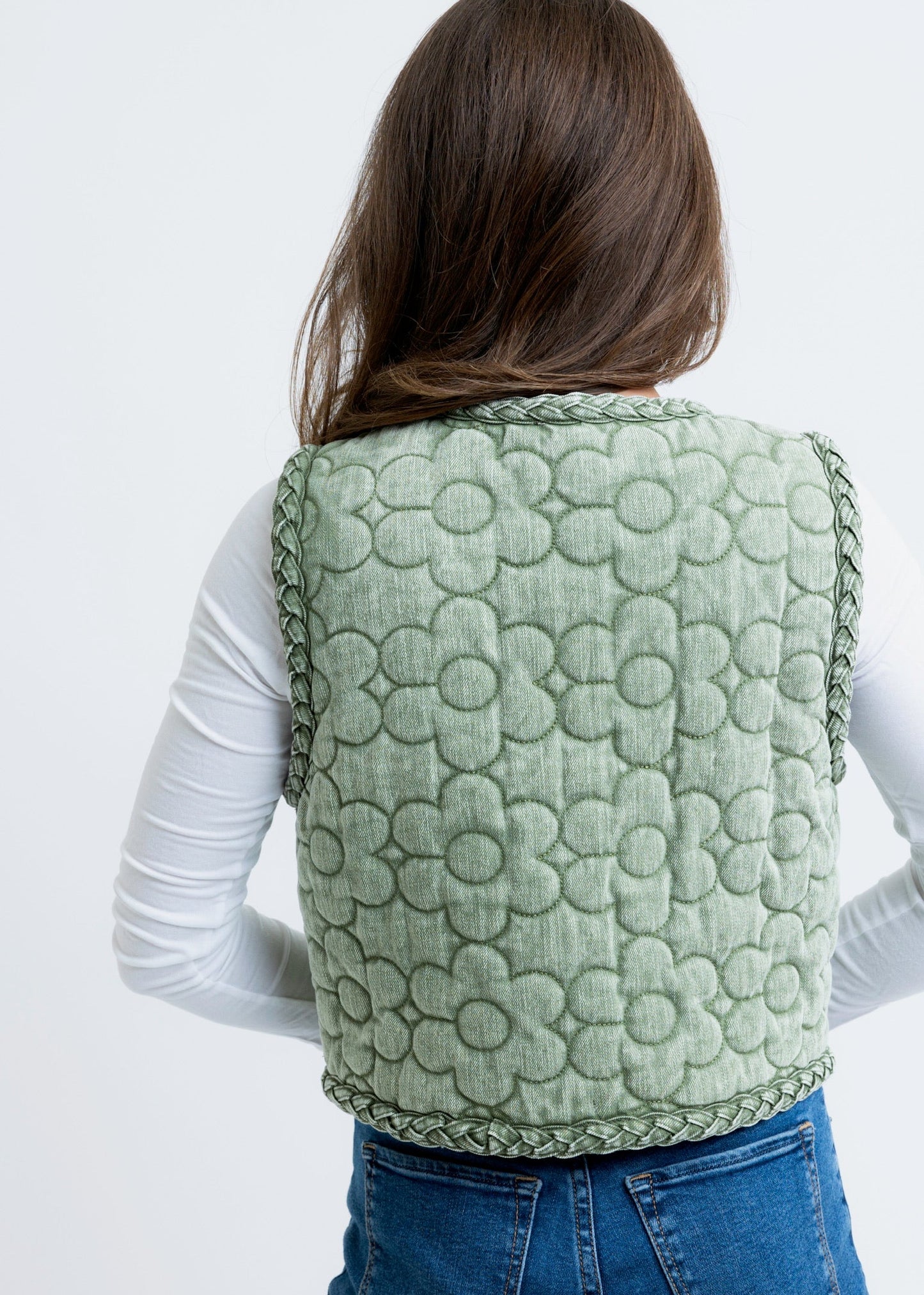 Denim Floral Vest- Olive