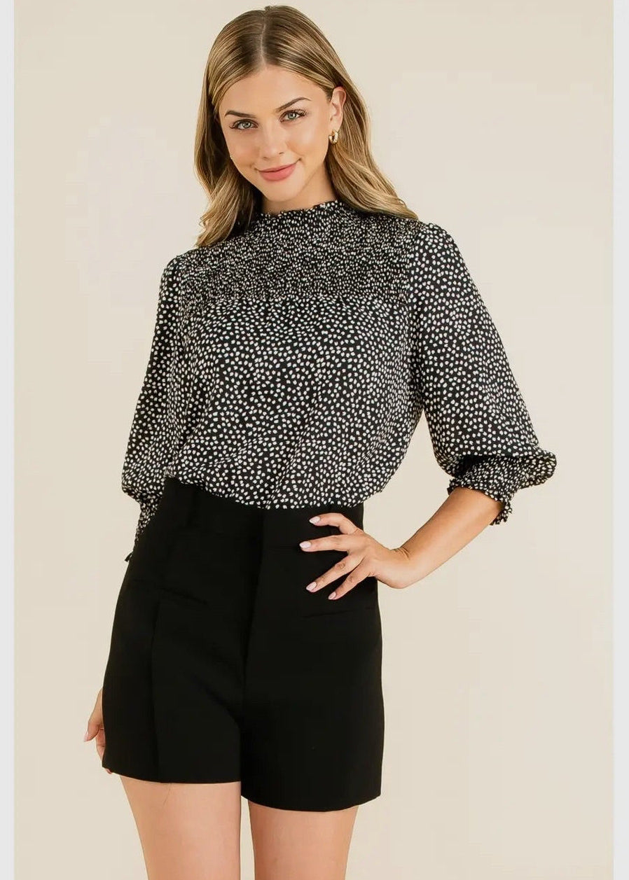 Smocked Print Blouse - Black/White