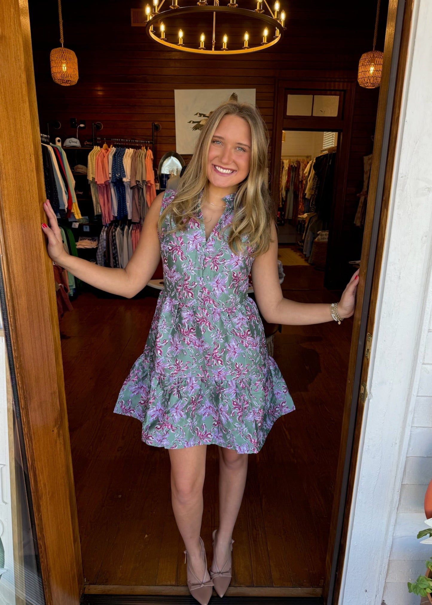 Floral Tier Tapestry Dress- Green