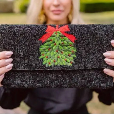 Christmas Tree Beaded Black Clutch