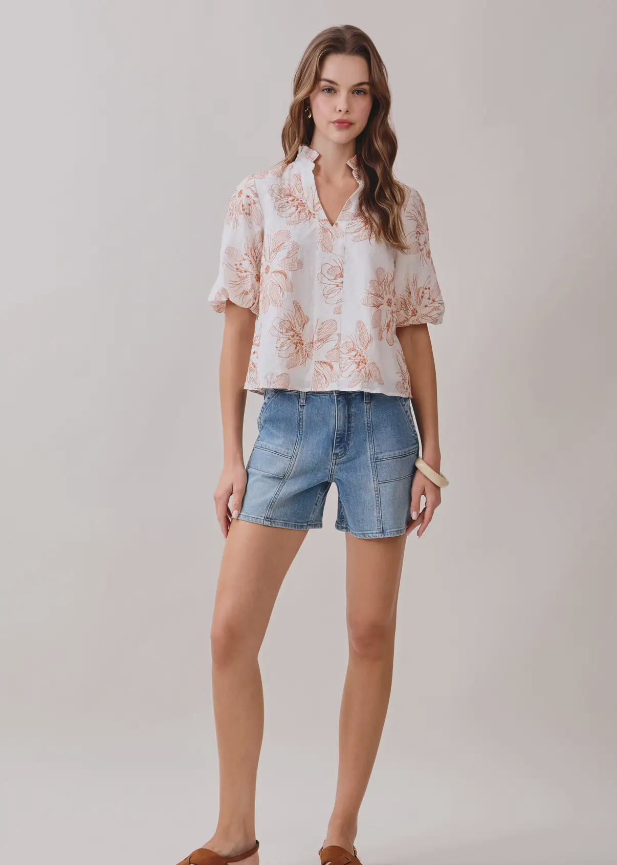Floral Ruffle Split Top - Cream