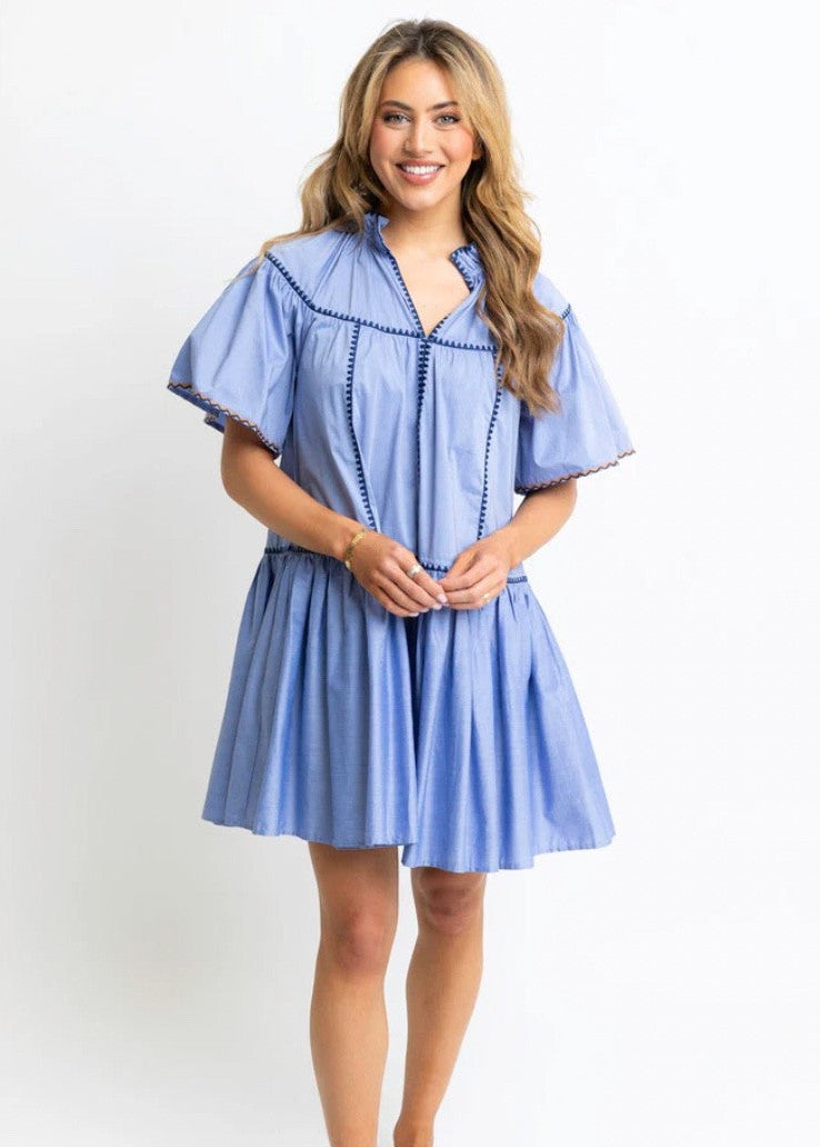 Solid Vneck Contrast Embroidered Trim Dress|53