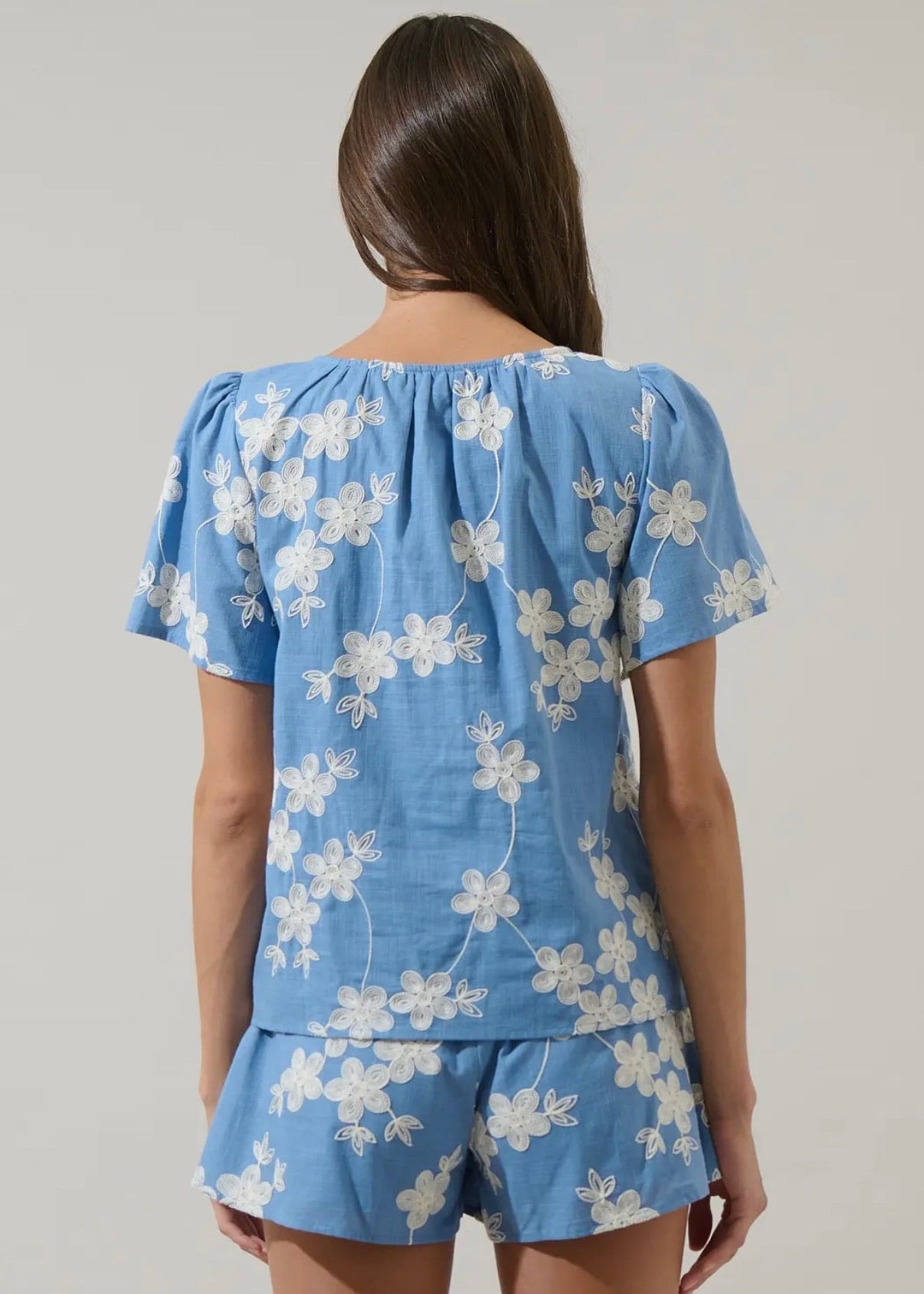 Embroidered Split Neck Top-blue