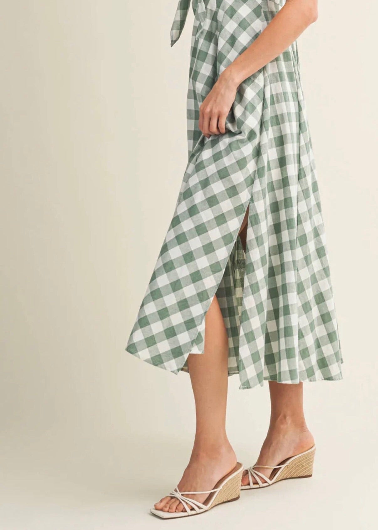 Gingham Tie-Front Midi Dress - Basil