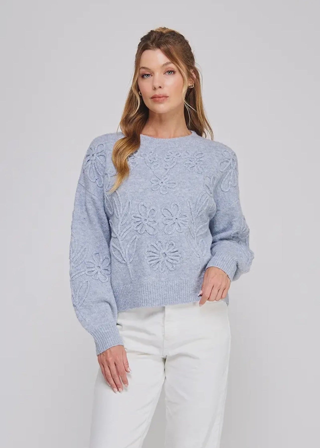 Floral Embroidery Sweater-Heather Blue