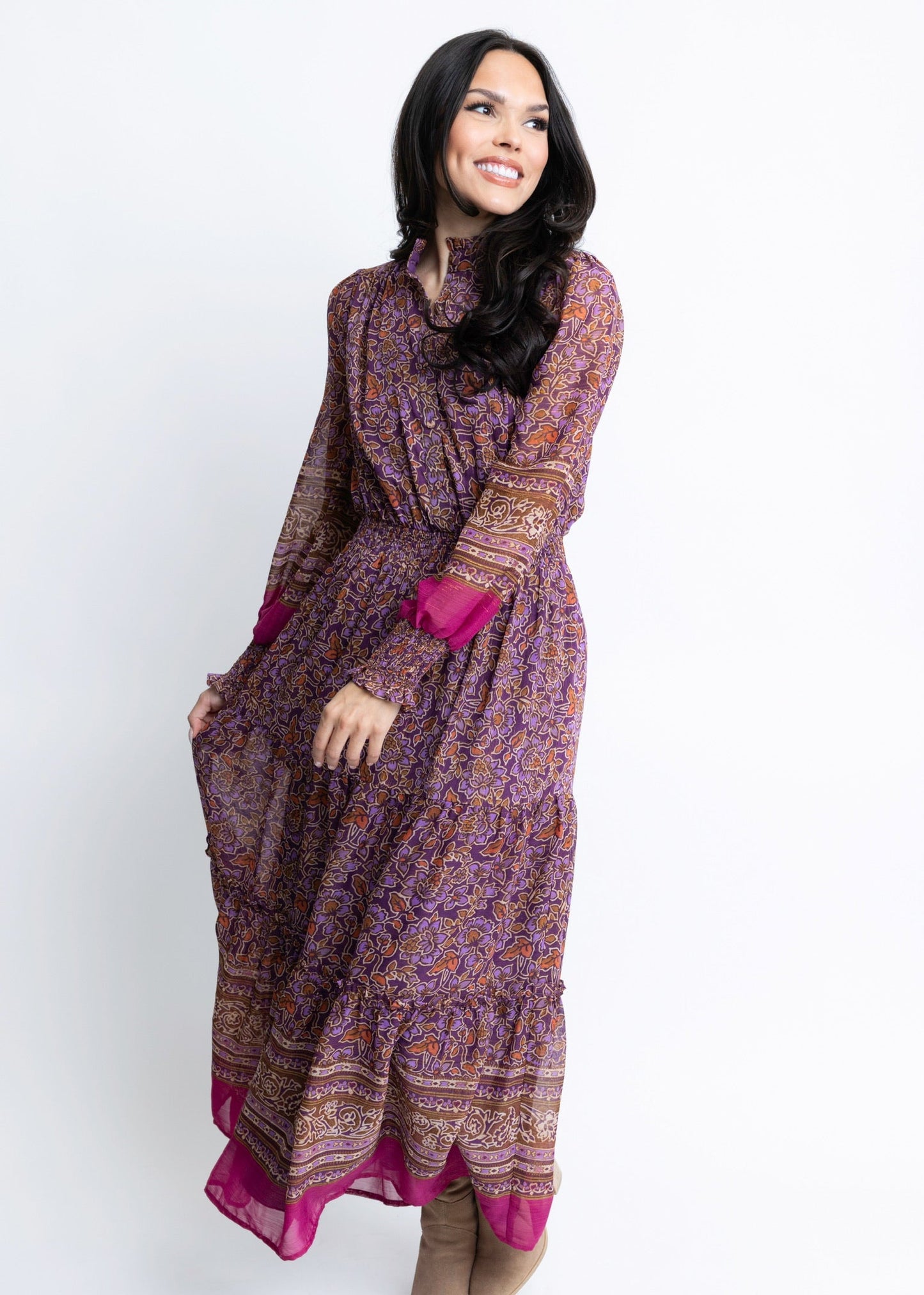Floral Chiffon Metallic Thread Maxi Dress