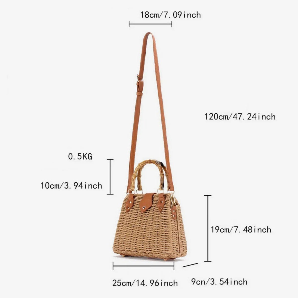 Straw Beach Bag w/ Bamboo Handle - Camel