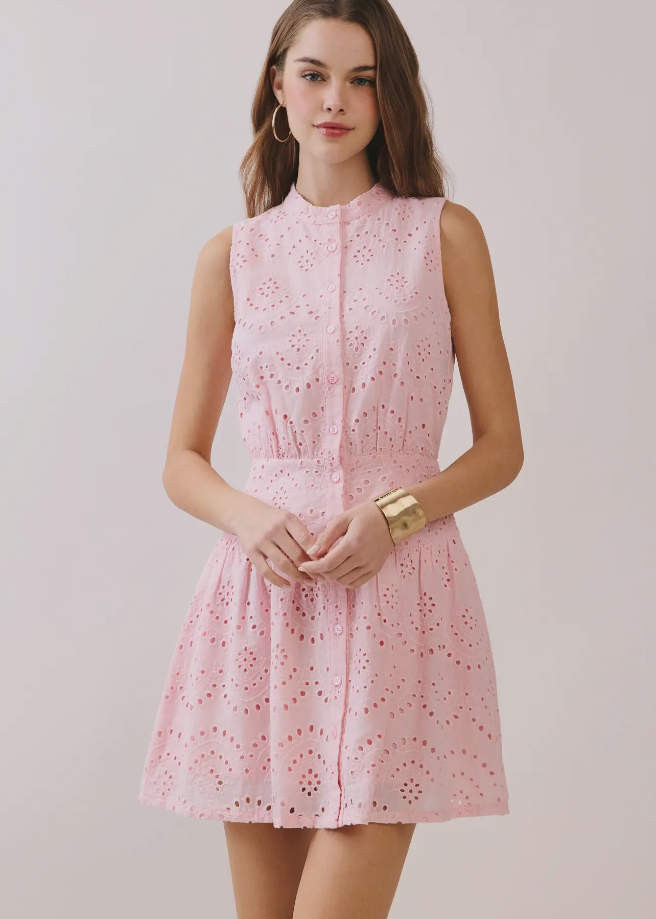 Pink Lace Button Front Sleeveless Dress