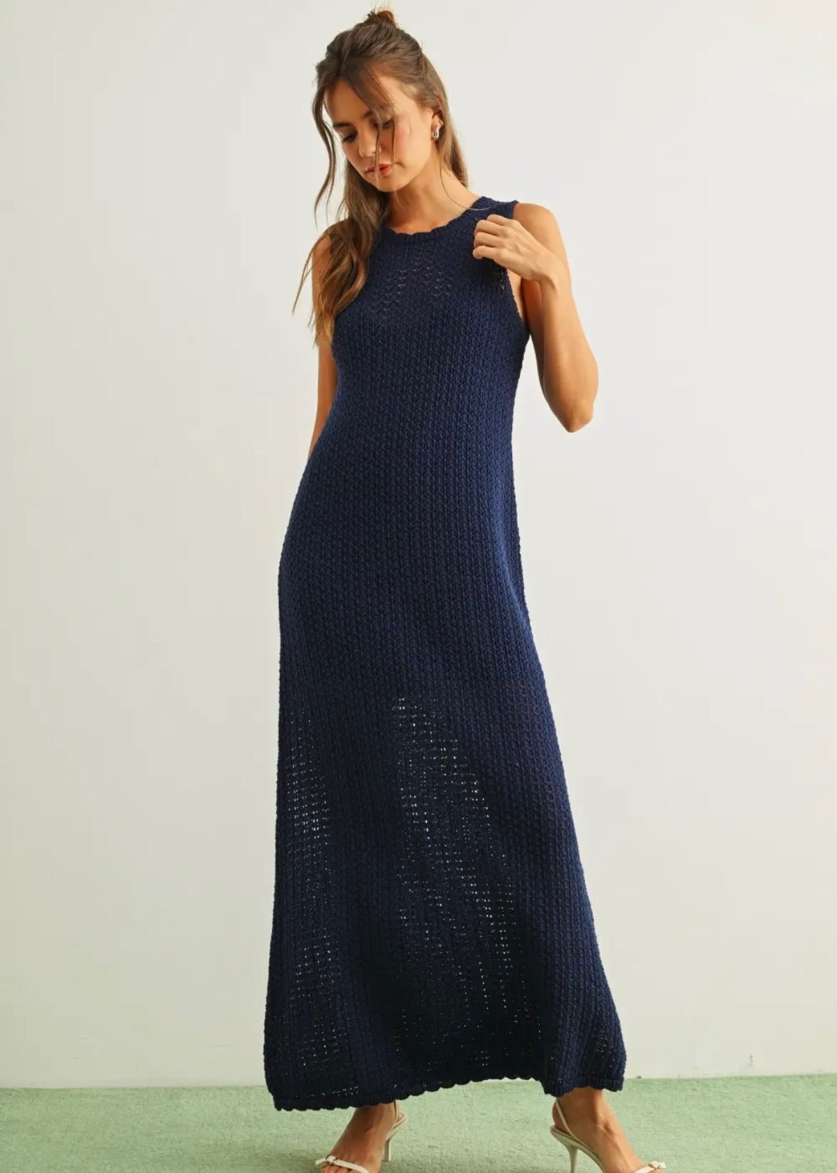 Tied Back Knitted Long Dress- Navy