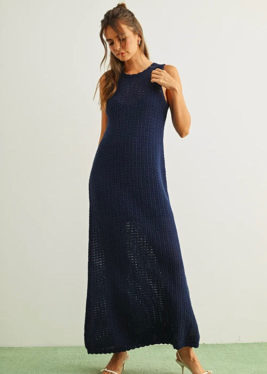 Tied Back Knitted Long Dress- Navy