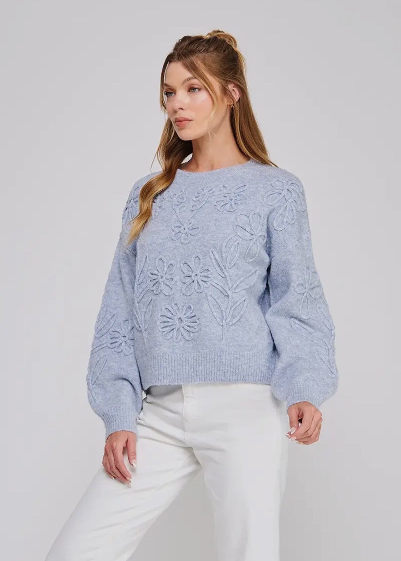 Floral Embroidery Sweater-Heather Blue