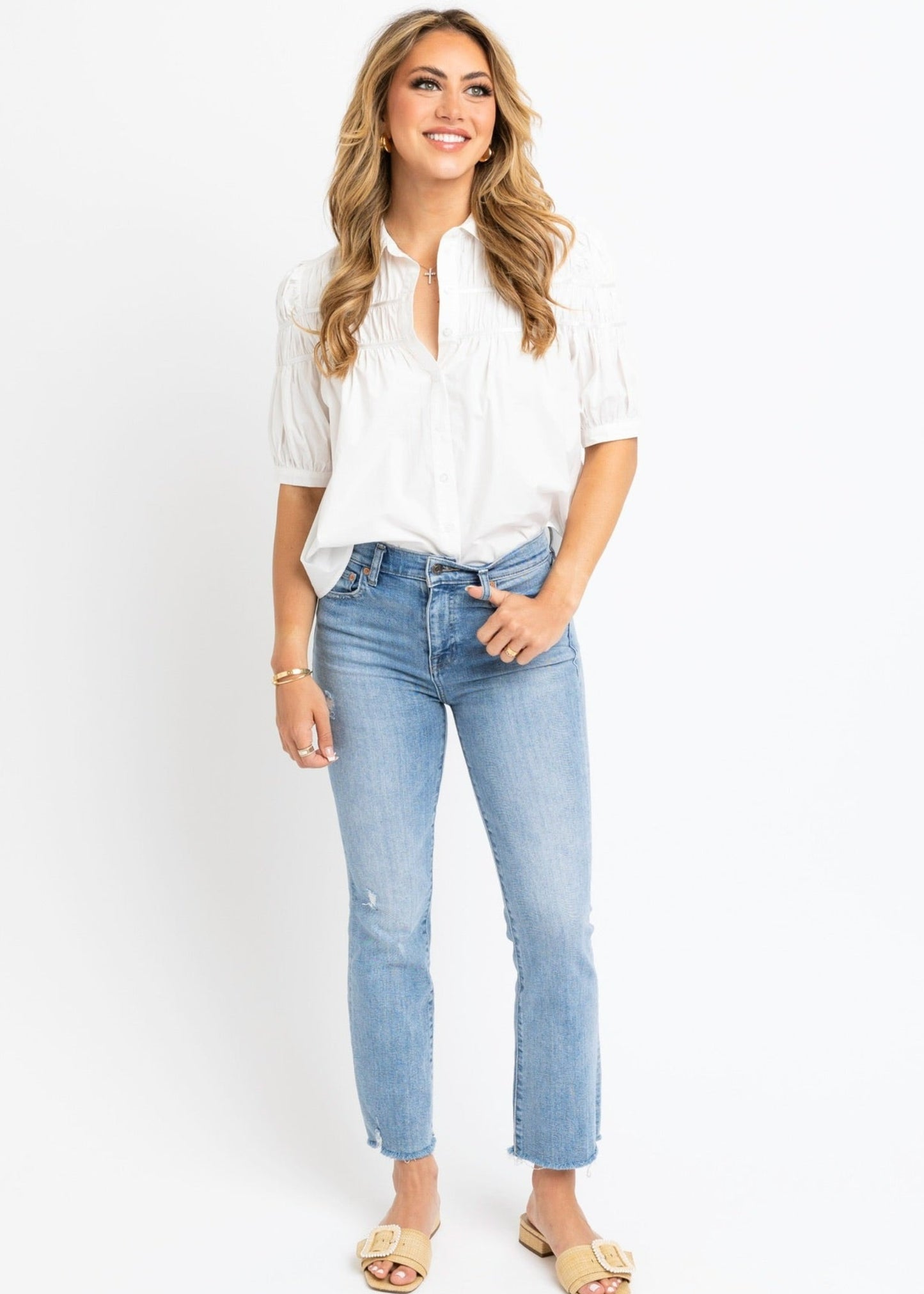 Solid Poplin Trim Shirt-White