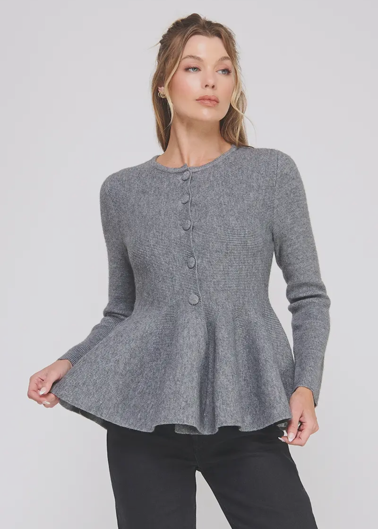 Peplum Cardigan Sweater- Heather Gray