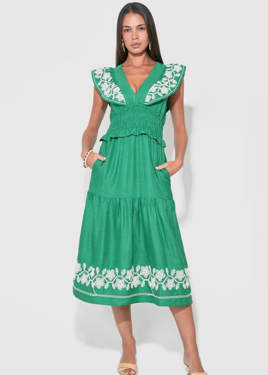 Amaya Ruffle Embroidery Midi Dress-Green