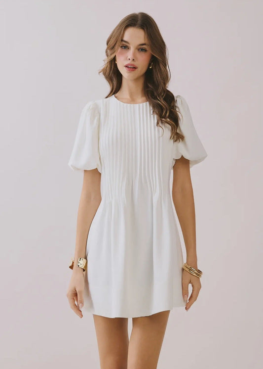Pleated A Line Dress - White