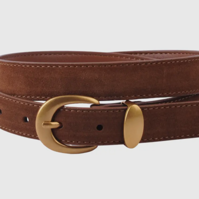 Suede Belt with Gold Curve Buckle-Caramel