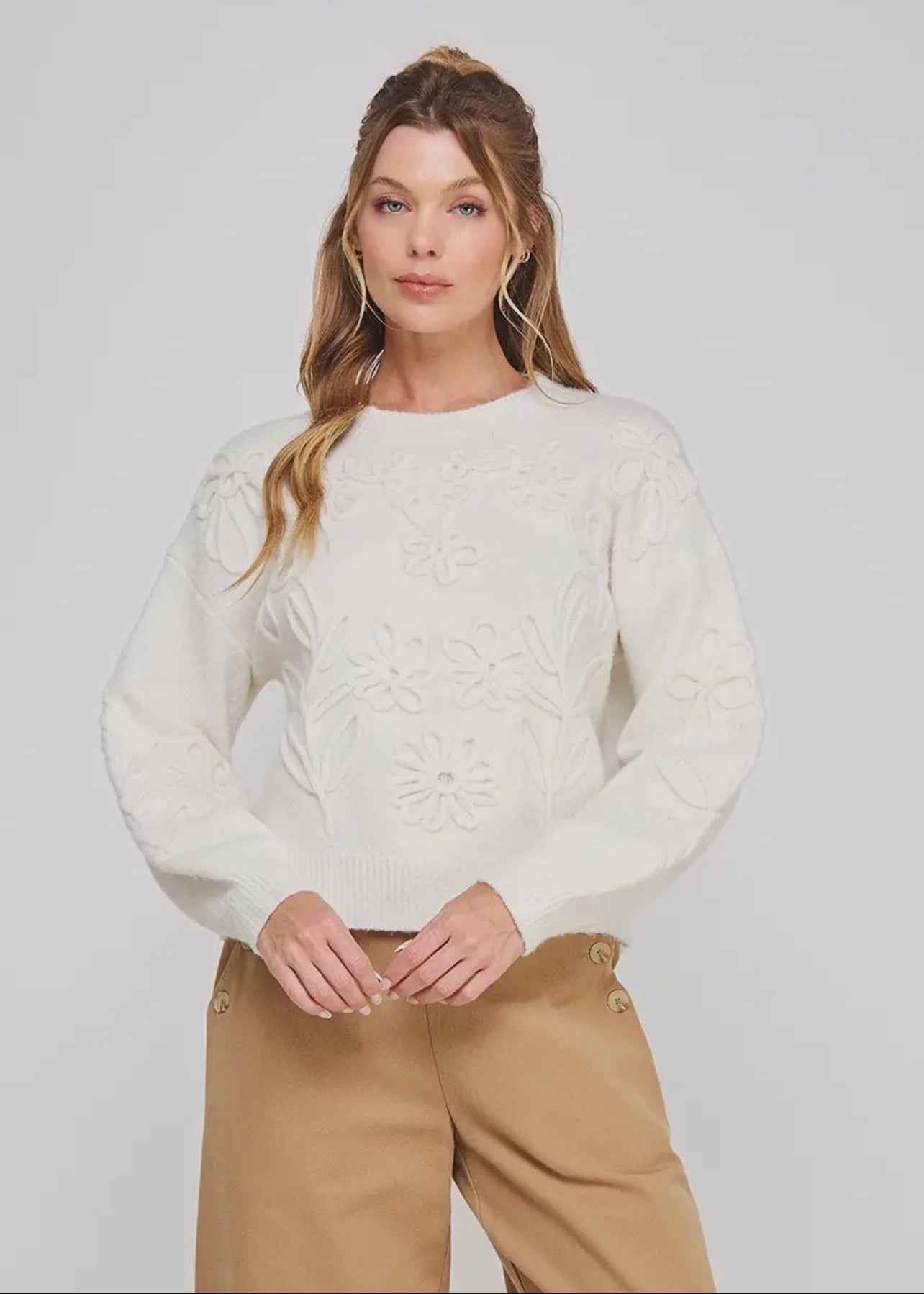 Floral Embroidery Sweater- White