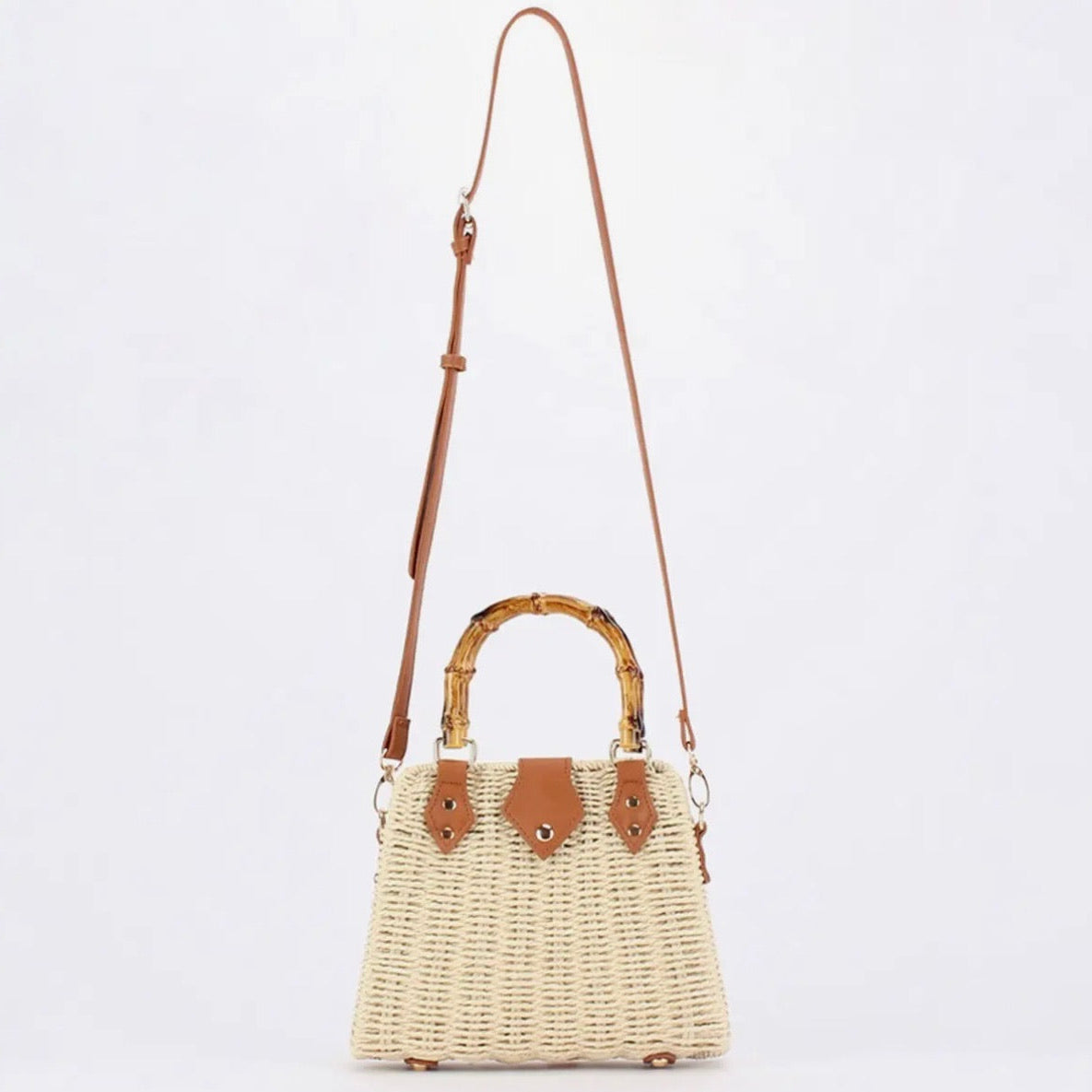 Straw Beach Bag w/ Bamboo Handle - Beige