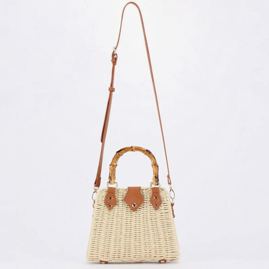 Straw Beach Bag w/ Bamboo Handle - Beige