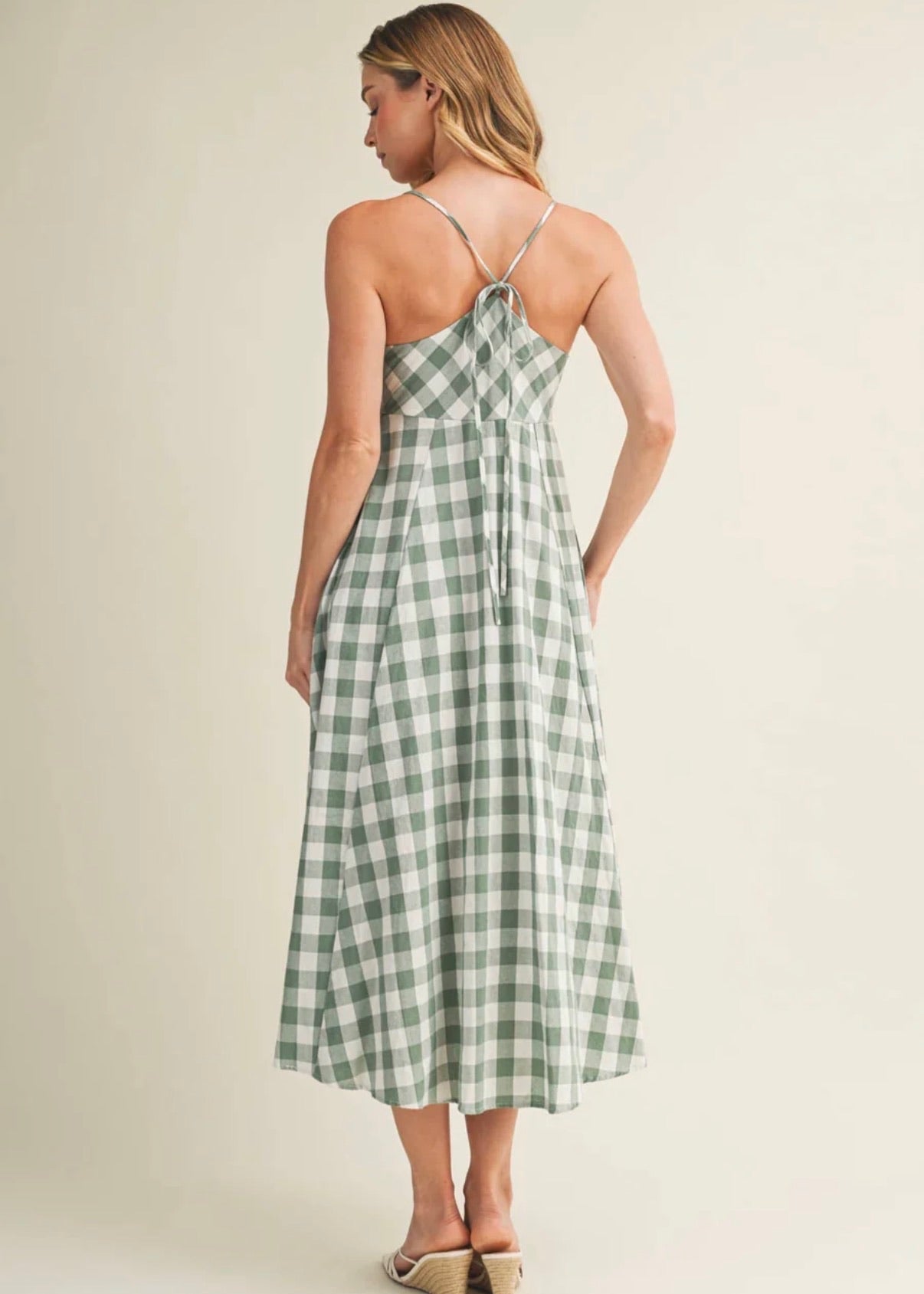 Gingham Tie-Front Midi Dress - Basil
