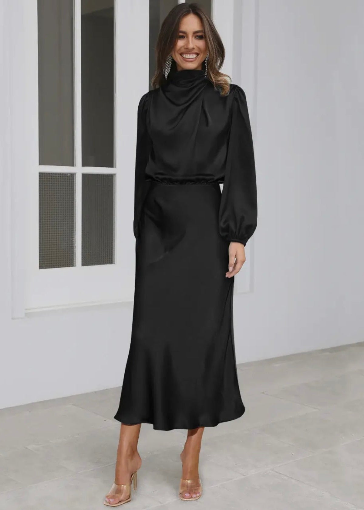 Satin Long Sleeve Dress - Black