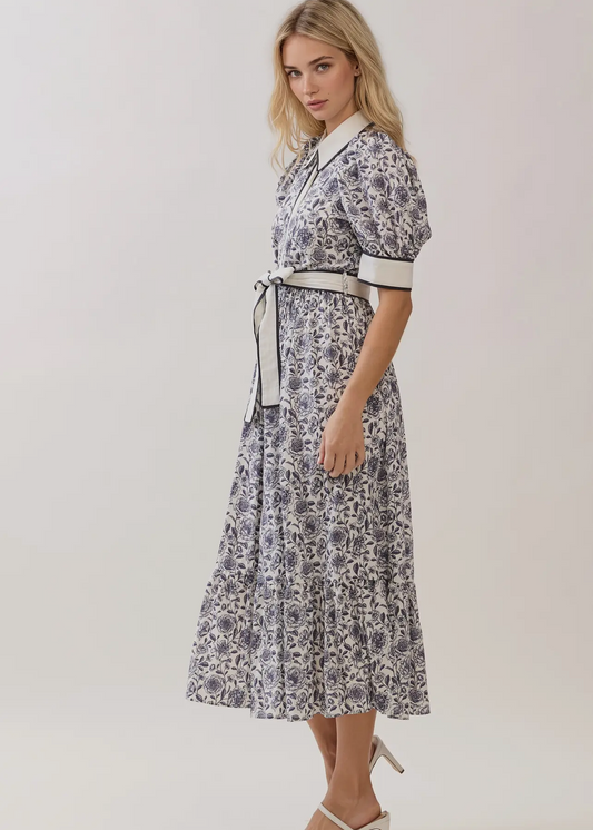 Navy Print Contrast Button-Down Dress