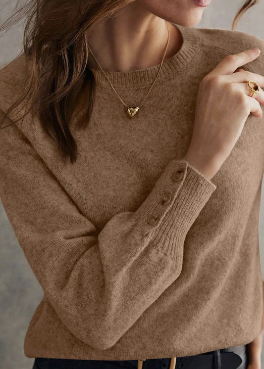 Camel Button Sleeve Crewneck