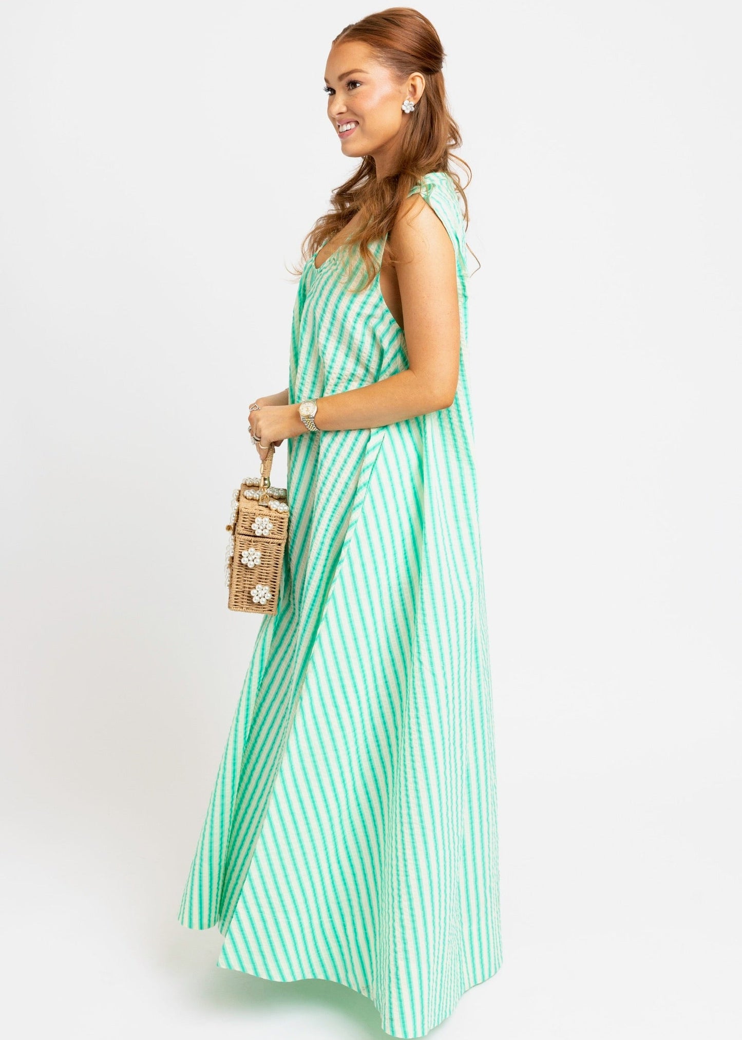 Seersucker Stripe Scoop Maxi Dress-Green