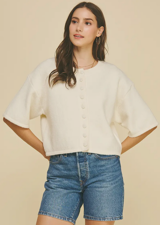 Button Down Short Sleeve Sweater - Cream