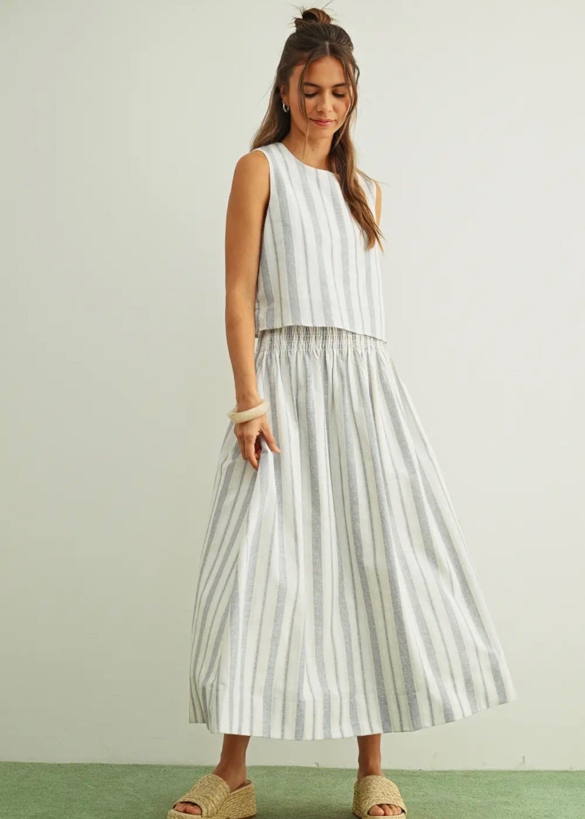 Striped Smock Waist Long Skirt