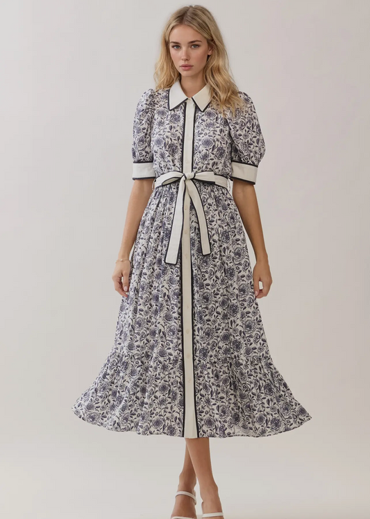 Navy Print Contrast Button-Down Dress