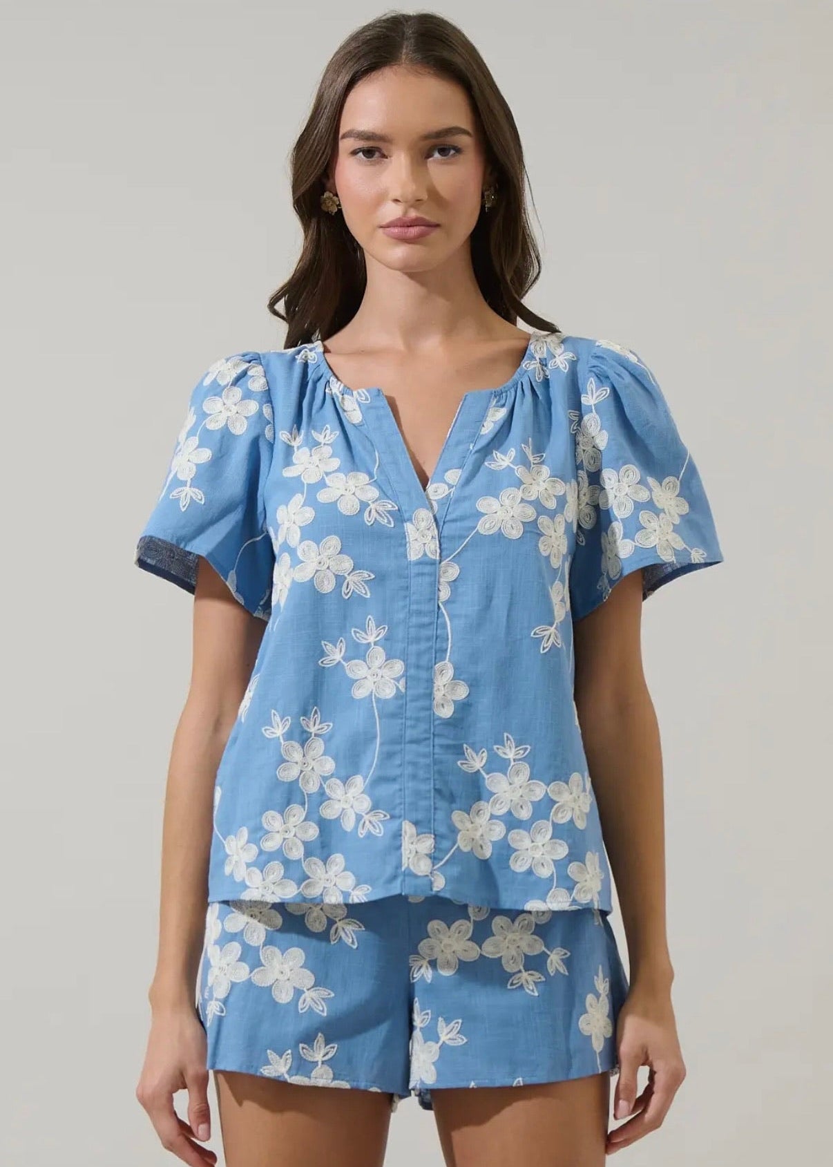 Embroidered Split Neck Top-blue