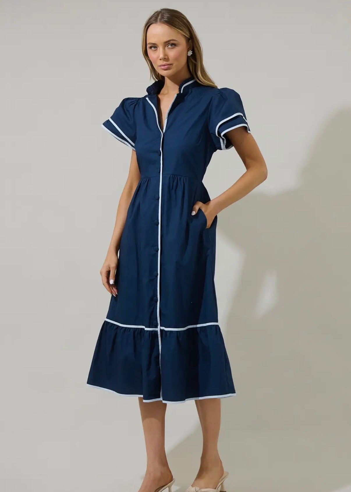 Davie Button-down Midi Dress Navy