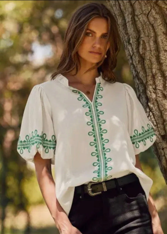 Embroidered Bubble Sleeve Top