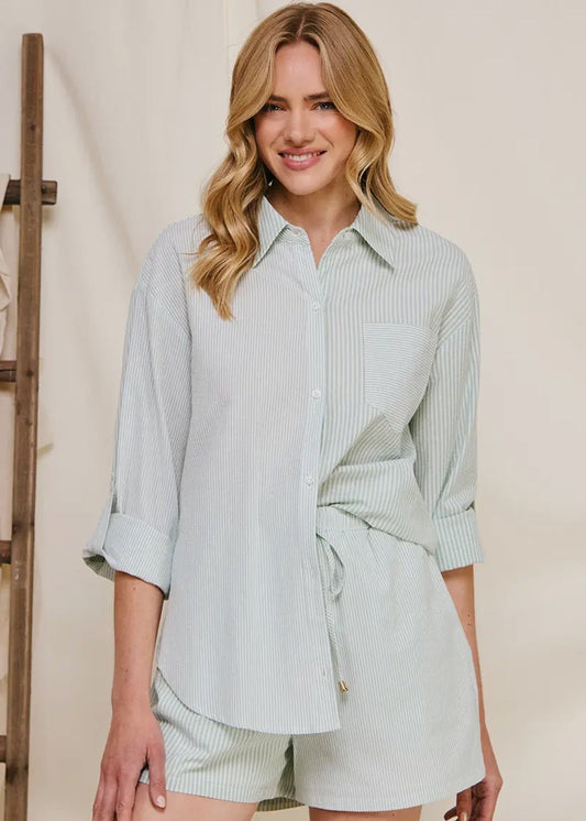 Twin Stripe Cotton Blend Button Up-Sage