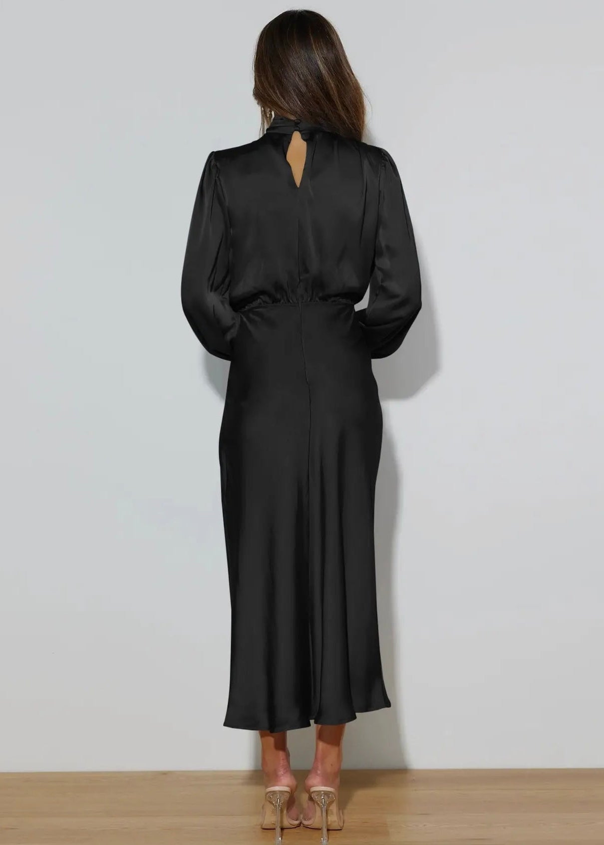 Satin Long Sleeve Dress - Black