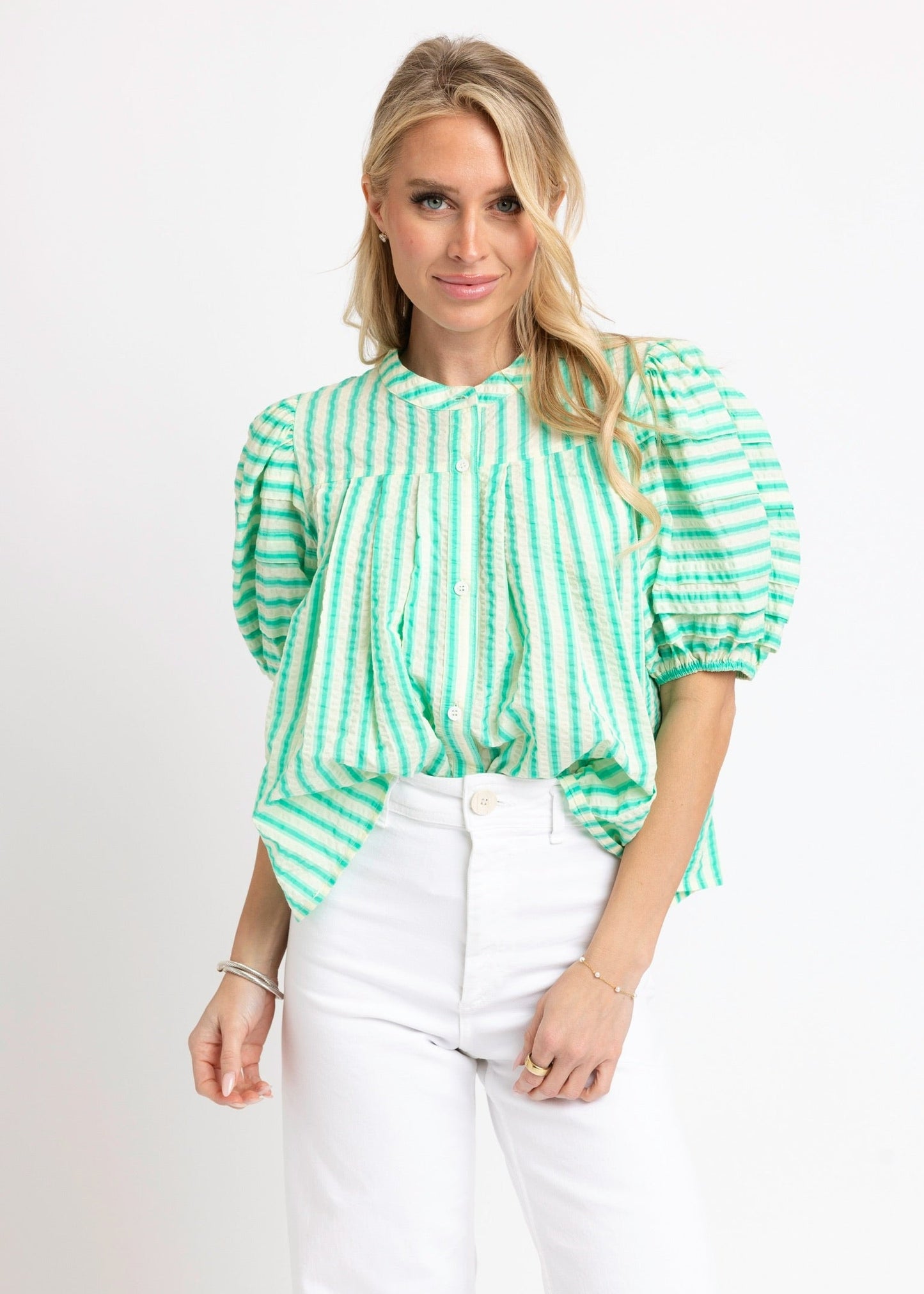 Seersucker Stripe Pleat Sleeve Top