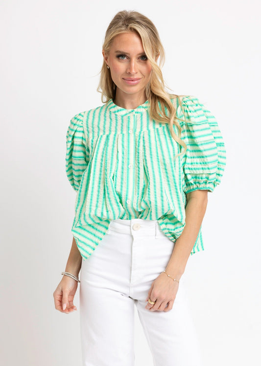 Seersucker Stripe Pleat Sleeve Top