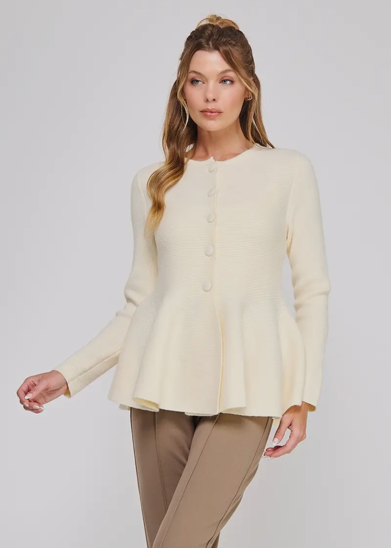 Peplum Cardigan Sweater- Cream