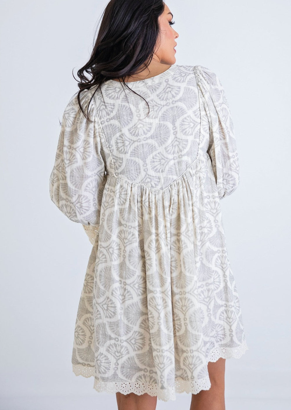 Vintage Boho Crochet Trim Dress- Grey|198