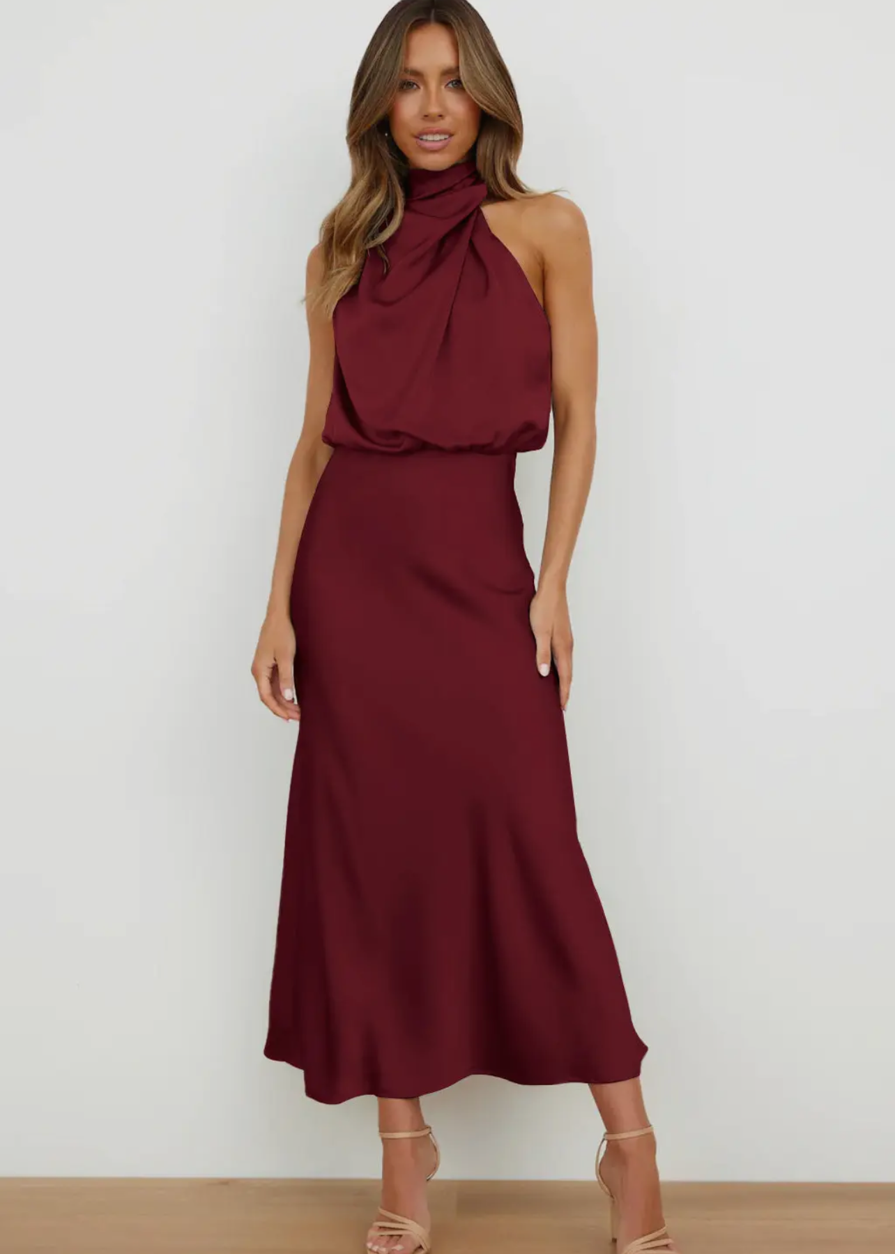 Sleeveless Satin Midi Dress - Burgundy