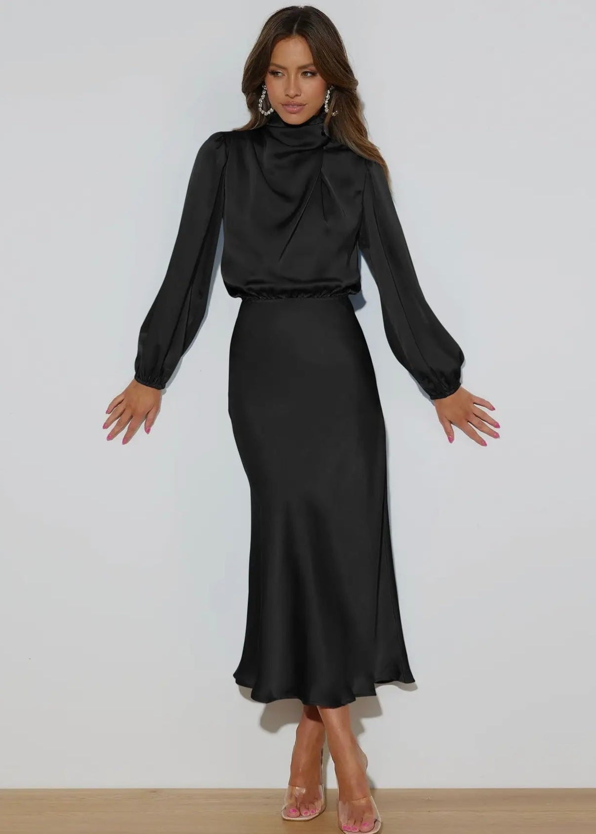 Satin Long Sleeve Dress - Black